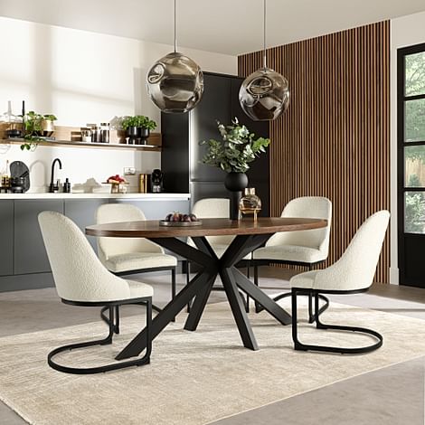 Madison Oval Industrial Dining Table & 4 Riva Chairs, Walnut Effect & Black Steel, Ivory Classic Boucle Fabric, 180cm