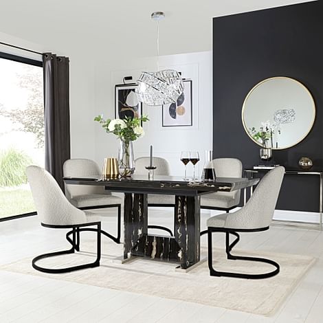 Florence Extending Dining Table & 4 Riva Chairs, Black Marble Effect, Light Grey Boucle Fabric & Black Steel, 120-160cm