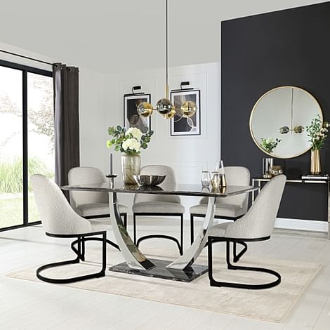 Peake Dining Table & 4 Riva Chairs, Black Marble Effect & Chrome, Light Grey Boucle Fabric & Black Steel, 160cm