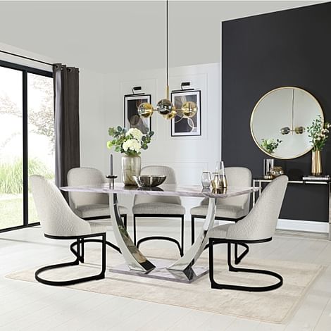 Peake Dining Table & 4 Riva Chairs, Grey Marble Effect & Chrome, Light Grey Boucle Fabric & Black Steel, 160cm