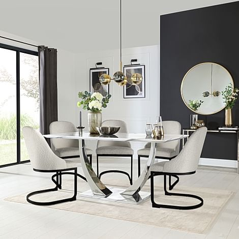 Peake Dining Table & 4 Riva Chairs, White Marble Effect & Chrome, Light Grey Classic Boucle Fabric & Black Steel, 160cm