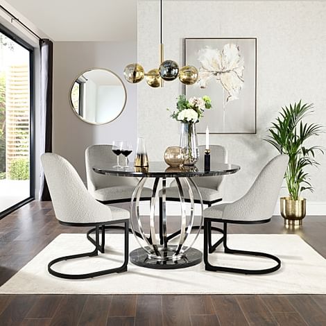 Savoy Round Dining Table & 4 Riva Chairs, Black Marble Effect & Chrome, Light Grey Classic Boucle Fabric & Black Steel, 120cm