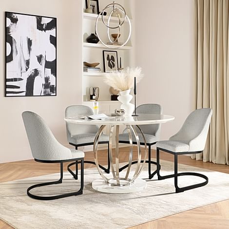 Savoy Round Dining Table & 4 Riva Chairs, White Marble Effect & Chrome, Light Grey Classic Boucle Fabric & Black Steel, 120cm