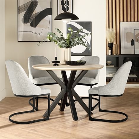Newark Round Dining Table & 4 Riva Chairs, Light Oak Effect & Black Steel, Light Grey Classic Boucle Fabric, 110cm