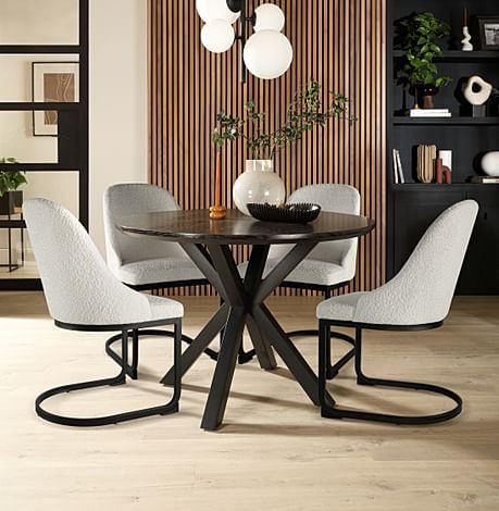 Newark Round Dining Table & 4 Riva Chairs, Black Oak Effect & Black Steel, Light Grey Classic Boucle Fabric, 110cm