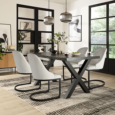 Franklin Dining Table & 4 Riva Chairs, Black Oak Effect & Black Steel, Light Grey Classic Boucle Fabric, 150cm