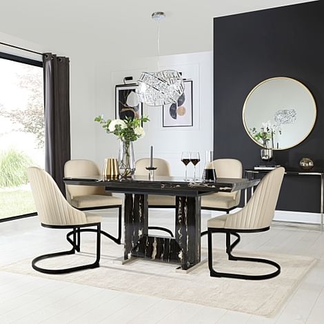Florence Extending Dining Table & 4 Riva Chairs, Black Marble Effect, Ivory Classic Plush Fabric & Black Steel, 120-160cm