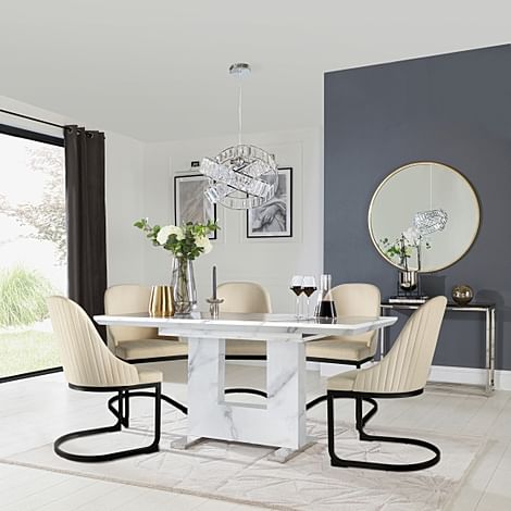 Florence Extending Dining Table & 4 Riva Chairs, White Marble Effect, Ivory Classic Plush Fabric & Black Steel, 120-160cm