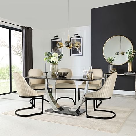 Peake Dining Table & 4 Riva Chairs, Black Marble Effect & Chrome, Ivory Classic Plush Fabric & Black Steel, 160cm