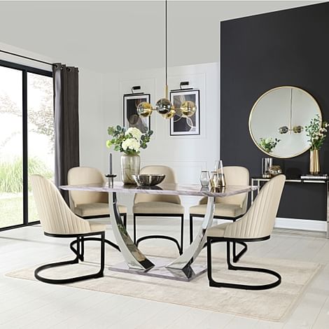 Peake Dining Table & 6 Riva Chairs, Grey Marble Effect & Chrome, Ivory Classic Plush Fabric & Black Steel, 160cm