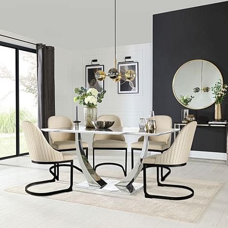 Peake Dining Table & 6 Riva Chairs, White Marble Effect & Chrome, Ivory Classic Plush Fabric & Black Steel, 160cm