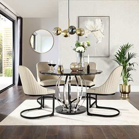 Savoy Round Dining Table & 4 Riva Chairs, Black Marble Effect & Chrome, Ivory Classic Plush Fabric & Black Steel, 120cm