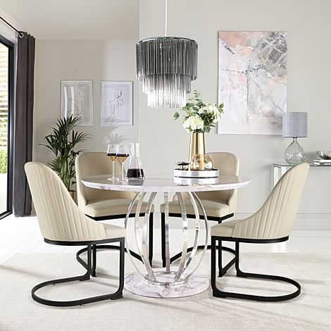Savoy Round Dining Table & 4 Riva Chairs, Grey Marble Effect & Chrome, Ivory Classic Plush Fabric & Black Steel, 120cm