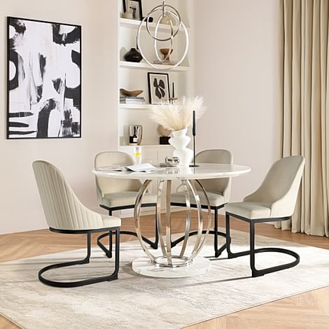 Savoy Round Dining Table & 4 Riva Chairs, White Marble Effect & Chrome, Ivory Classic Plush Fabric & Black Steel, 120cm