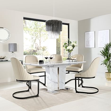 Vienna Extending Dining Table & 6 Riva Chairs, White Marble Effect, Ivory Classic Plush Fabric & Black Steel, 120-160cm