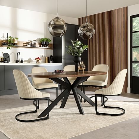 Madison Oval Industrial Dining Table & 6 Riva Chairs, Walnut Effect & Black Steel, Ivory Classic Plush Fabric, 180cm