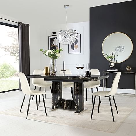 Florence Extending Dining Table & 4 Brooklyn Chairs, Black Marble Effect, Ivory Classic Boucle Fabric & Black Steel, 120-160cm