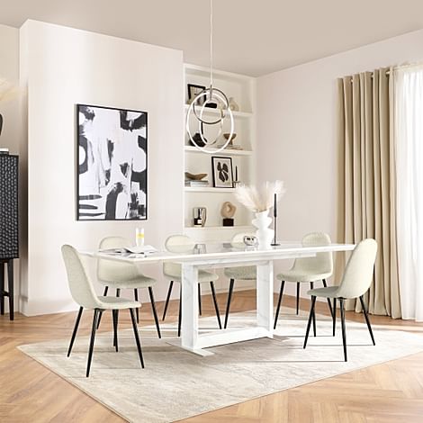 Tokyo Extending Dining Table & 6 Brooklyn Chairs, White Marble Effect, Ivory Boucle Fabric & Black Steel, 160-220cm