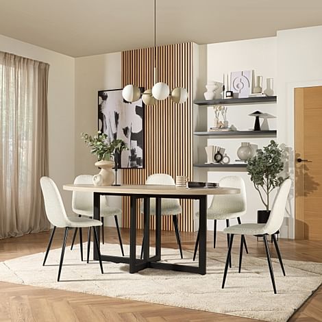 Newbury Oval Dining Table & 6 Brooklyn Chairs, Light Oak Effect & Black Steel, Ivory Classic Boucle Fabric, 180cm