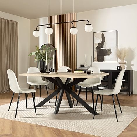 Madison Dining Table & 4 Brooklyn Chairs, Light Oak Effect & Black Steel, Ivory Classic Boucle Fabric, 160cm