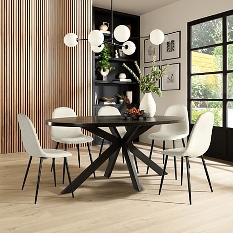 Madison Oval Dining Table & 6 Brooklyn Chairs, Black Oak Effect & Black Steel, Ivory Classic Boucle Fabric, 180cm