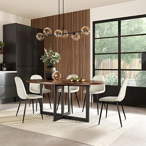 Newbury Oval Industrial Dining Table & 6 Brooklyn Chairs, Walnut Effect & Black Steel, Ivory Classic Boucle Fabric, 180cm