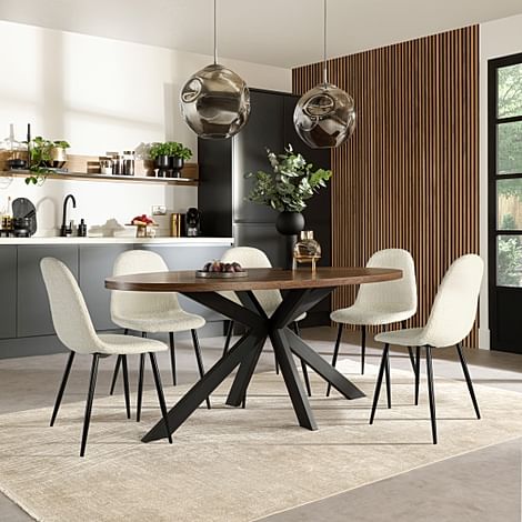 Madison Oval Industrial Dining Table & 4 Brooklyn Chairs, Walnut Effect & Black Steel, Ivory Classic Boucle Fabric, 180cm