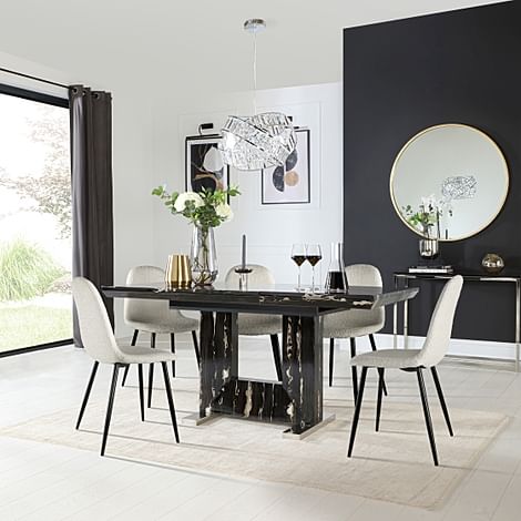 Florence Extending Dining Table & 4 Brooklyn Chairs, Black Marble Effect, Light Grey Classic Boucle Fabric & Black Steel, 120-160cm