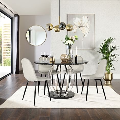 Savoy Round Dining Table & 4 Brooklyn Chairs, Black Marble Effect & Chrome, Light Grey Classic Boucle Fabric & Black Steel, 120cm