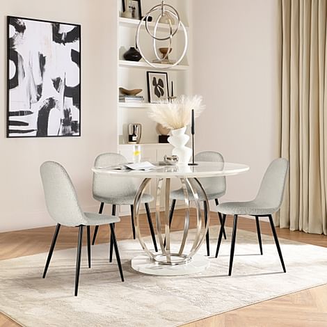 Savoy Round Dining Table & 4 Brooklyn Chairs, White Marble Effect & Chrome, Light Grey Classic Boucle Fabric & Black Steel, 120cm