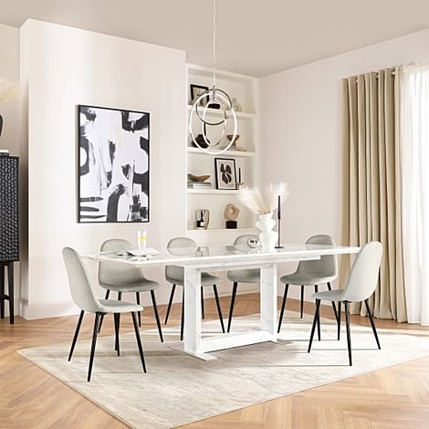 Tokyo Extending Dining Table & 4 Brooklyn Chairs, White Marble Effect, Light Grey Boucle Fabric & Black Steel, 160-220cm