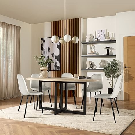 Newbury Oval Dining Table & 6 Brooklyn Chairs, Light Oak Effect & Black Steel, Light Grey Classic Boucle Fabric, 180cm