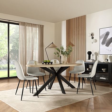 Madison Oval Dining Table & 4 Brooklyn Chairs, Light Oak Effect & Black Steel, Light Grey Classic Boucle Fabric, 180cm