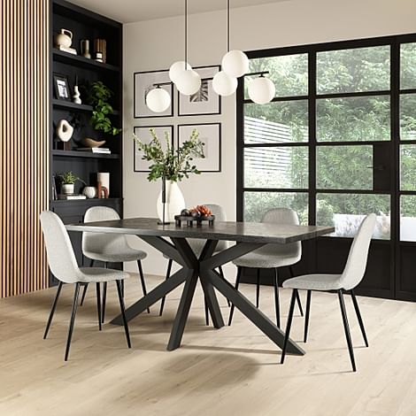 Madison Dining Table & 4 Brooklyn Chairs, Black Oak Effect & Black Steel, Light Grey Classic Boucle Fabric, 160cm