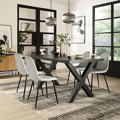 Franklin Dining Table & 4 Brooklyn Chairs, Black Oak Effect & Black Steel, Light Grey Classic Boucle Fabric, 150cm