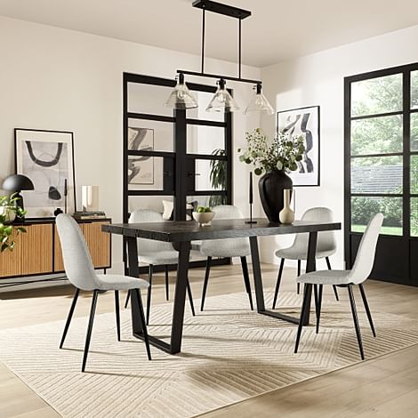 Addison Dining Table & 4 Brooklyn Chairs, Black Oak Effect & Black Steel, Light Grey Classic Boucle Fabric, 150cm