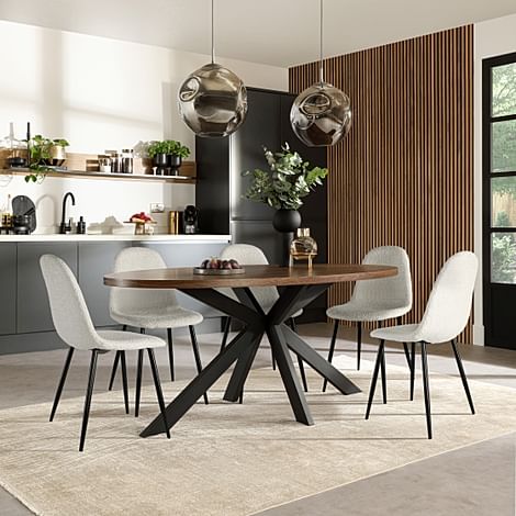 Madison Oval Industrial Dining Table & 6 Brooklyn Chairs, Walnut Effect & Black Steel, Light Grey Classic Boucle Fabric, 180cm
