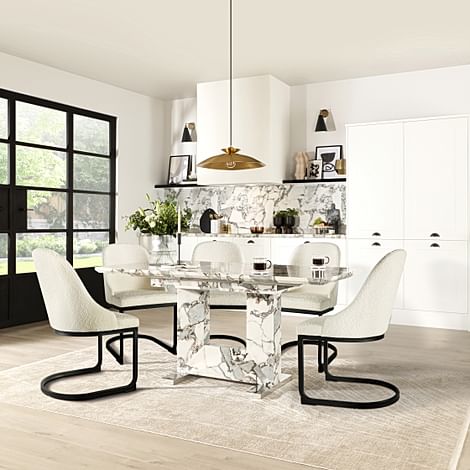 Florence Extending Dining Table & 4 Riva Chairs, Calacatta Viola Marble Effect, Ivory Classic Boucle Fabric & Black Steel, 120-160cm