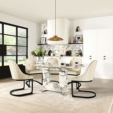Florence Extending Dining Table & 4 Riva Chairs, Calacatta Viola Marble Effect, Ivory Classic Plush Fabric & Black Steel, 120-160cm