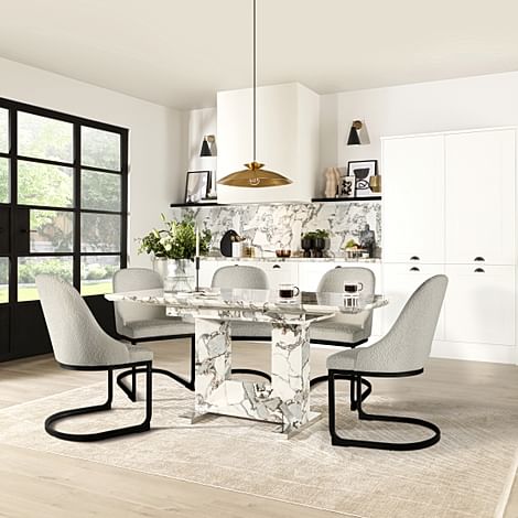 Florence Extending Dining Table & 6 Riva Chairs, Calacatta Viola Marble Effect, Light Grey Classic Boucle Fabric & Black Steel, 120-160cm