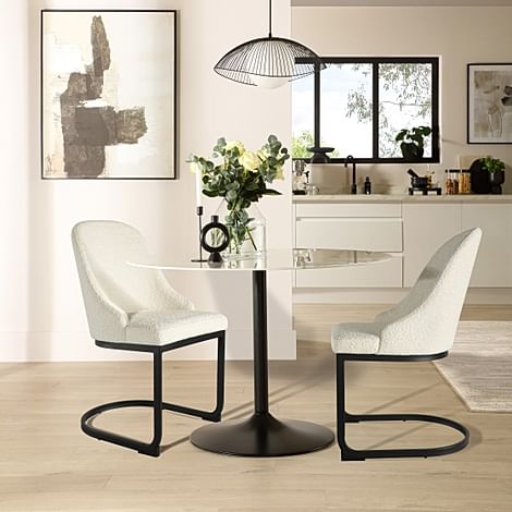 Orbit Round Dining Table & 2 Riva Chairs, White Marble Effect & Black Steel, Ivory Classic Boucle Fabric, 110cm