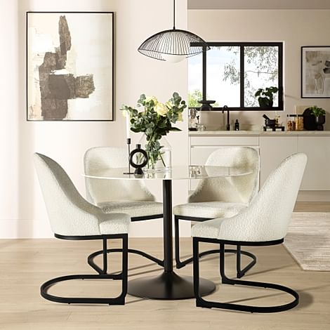 Orbit Round Dining Table & 4 Riva Chairs, White Marble Effect & Black Steel, Ivory Classic Boucle Fabric, 110cm