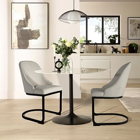 Orbit Round Dining Table & 2 Riva Chairs, White Marble Effect & Black Steel, Light Grey Classic Boucle Fabric, 110cm