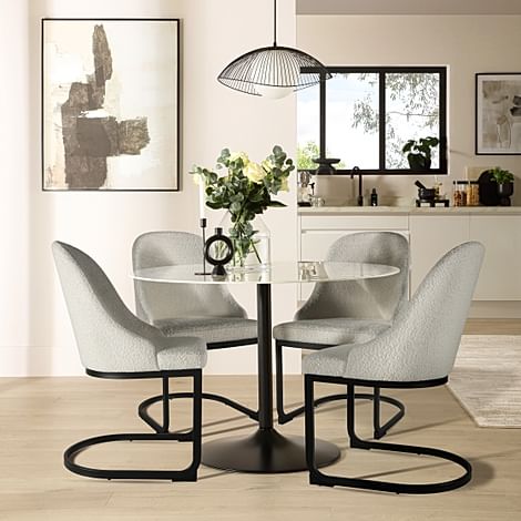 Orbit Round Dining Table & 4 Riva Chairs, White Marble Effect & Black Steel, Light Grey Classic Boucle Fabric, 110cm