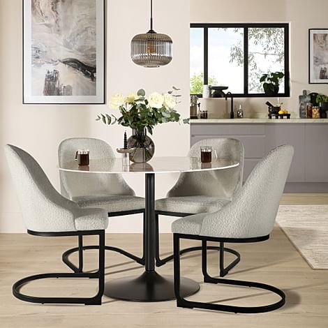Orbit Round Dining Table & 4 Riva Chairs, Grey Marble Effect & Black Steel, Light Grey Classic Boucle Fabric, 110cm