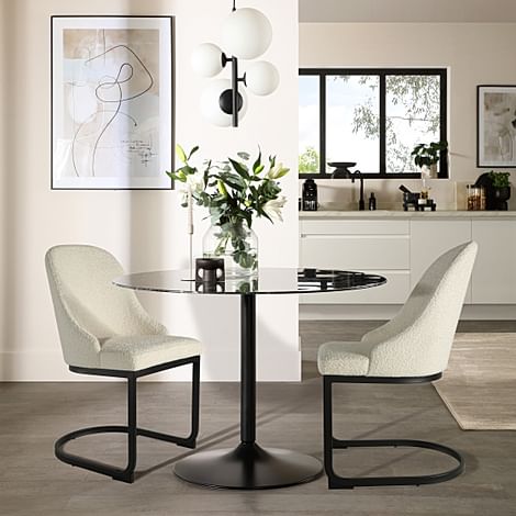 Orbit Round Dining Table & 2 Riva Chairs, Black Marble Effect & Black Steel, Ivory Classic Boucle Fabric, 110cm