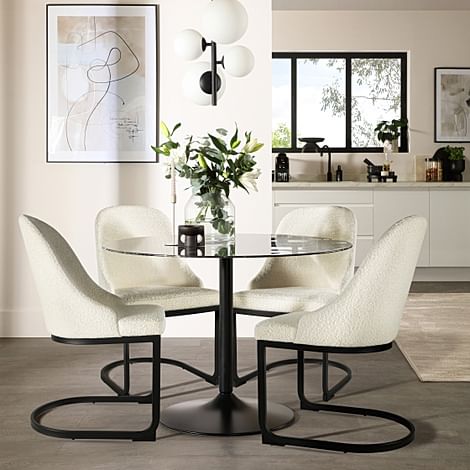 Orbit Round Dining Table & 4 Riva Chairs, Black Marble Effect & Black Steel, Ivory Classic Boucle Fabric, 110cm