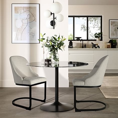 Orbit Round Dining Table & 2 Riva Chairs, Black Marble Effect & Black Steel, Light Grey Classic Boucle Fabric, 110cm