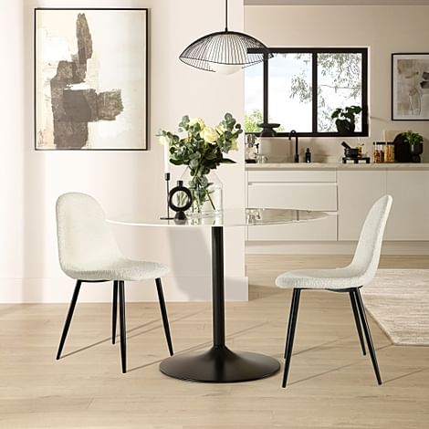 Orbit Round Dining Table & 2 Brooklyn Chairs, White Marble Effect & Black Steel, Ivory Classic Boucle Fabric, 110cm