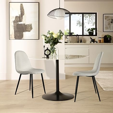 Orbit Round Dining Table & 2 Brooklyn Chairs, White Marble Effect & Black Steel, Light Grey Classic Boucle Fabric, 110cm